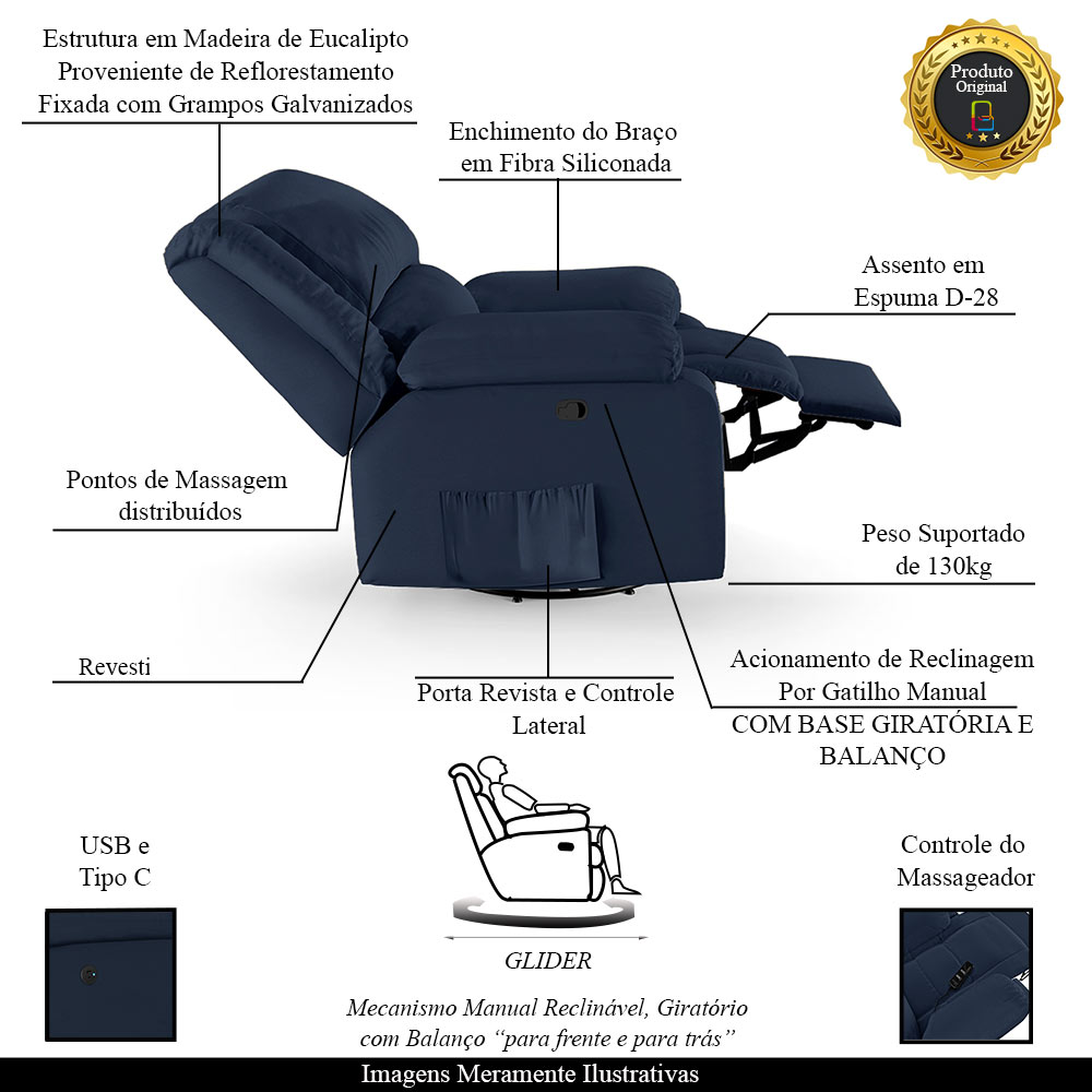 Poltrona do Papai Reclinável Sala de Cinema Madrid Glider Manual Giratória Massagem USB PU Azul  G23