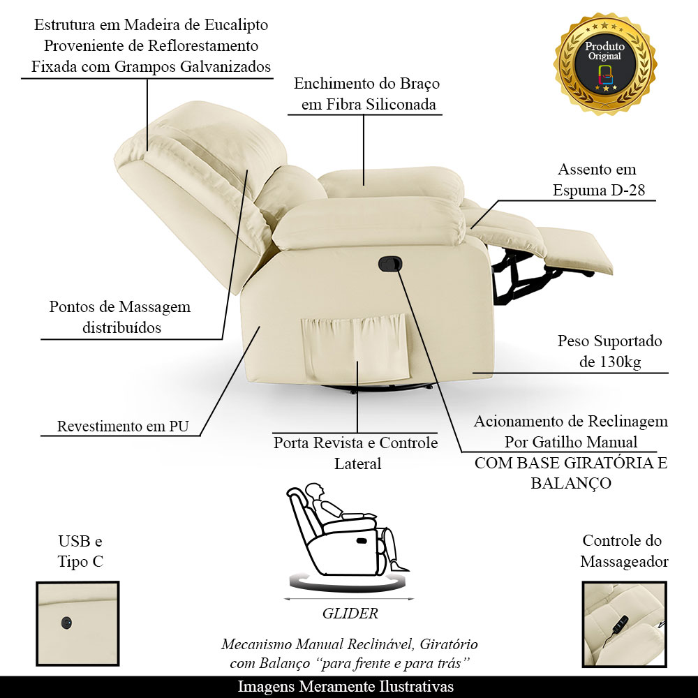 Poltrona do Papai Reclinável Sala de Cinema Madrid Glider Manual Giratória Massagem USB PU Bege  G26