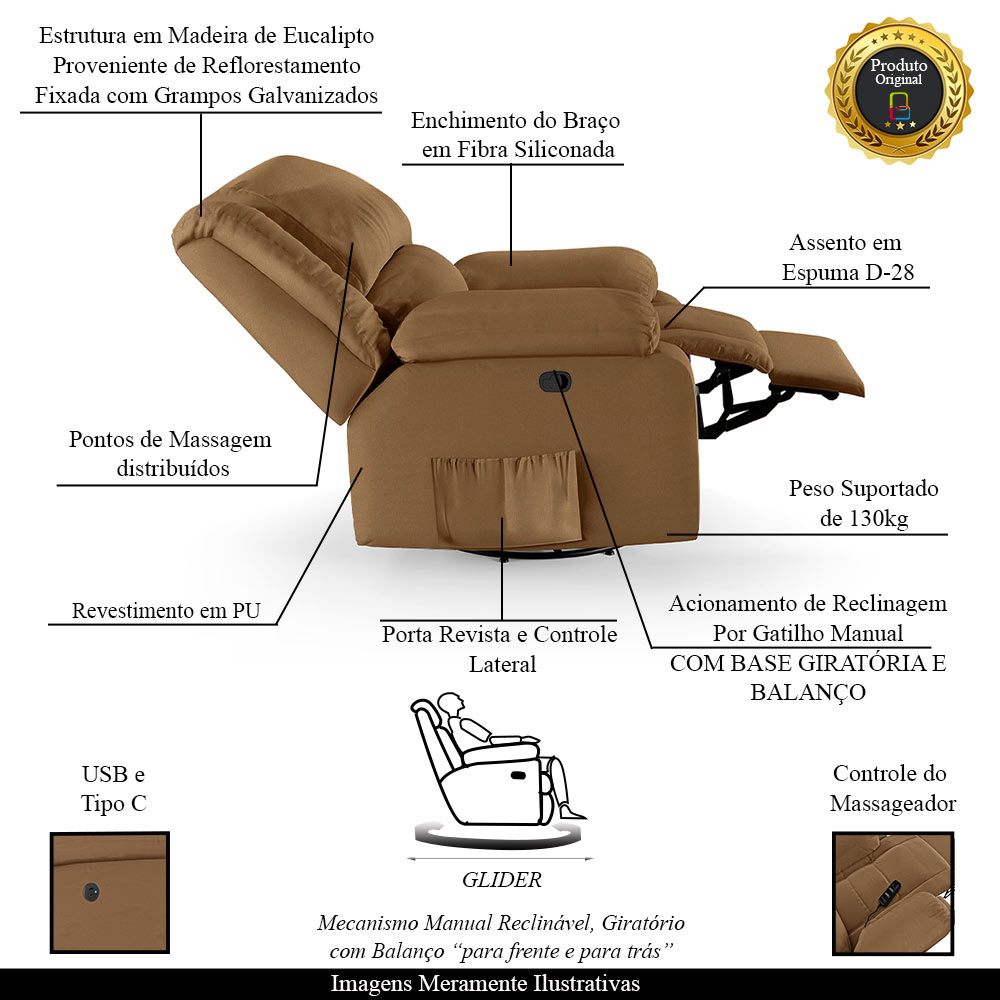Poltrona do Papai Reclinável Sala de Cinema Madrid Glider Manual Giratória Massagem USB PU Caramelo  G23