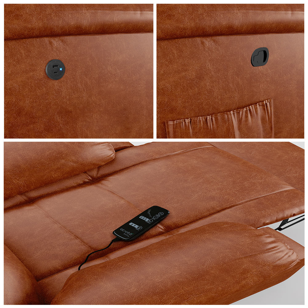 Poltrona do Papai Reclinável Sala de Cinema Madrid Glider Manual Giratória Massagem USB PU Caramelo Brilho  G26
