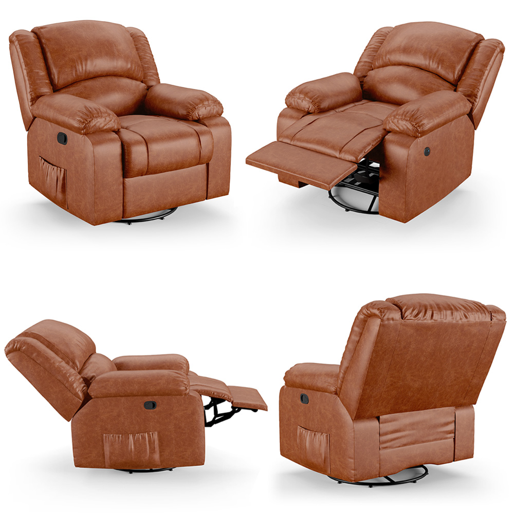 Poltrona do Papai Reclinável Sala de Cinema Madrid Glider Manual Giratória Massagem USB PU Caramelo Brilho  G26