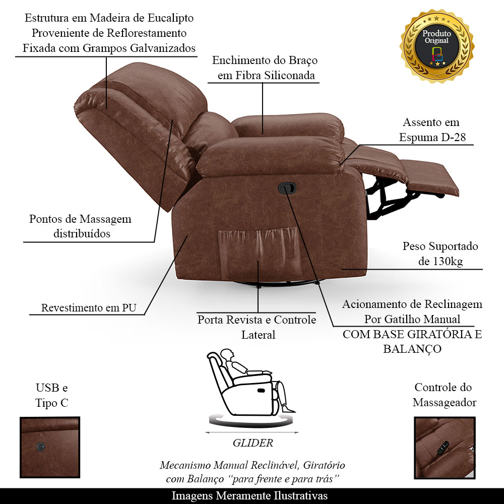 Poltrona do Papai Reclinável Sala de Cinema Madrid Glider Manual Giratória Massagem USB PU Marrom Brilho  G26