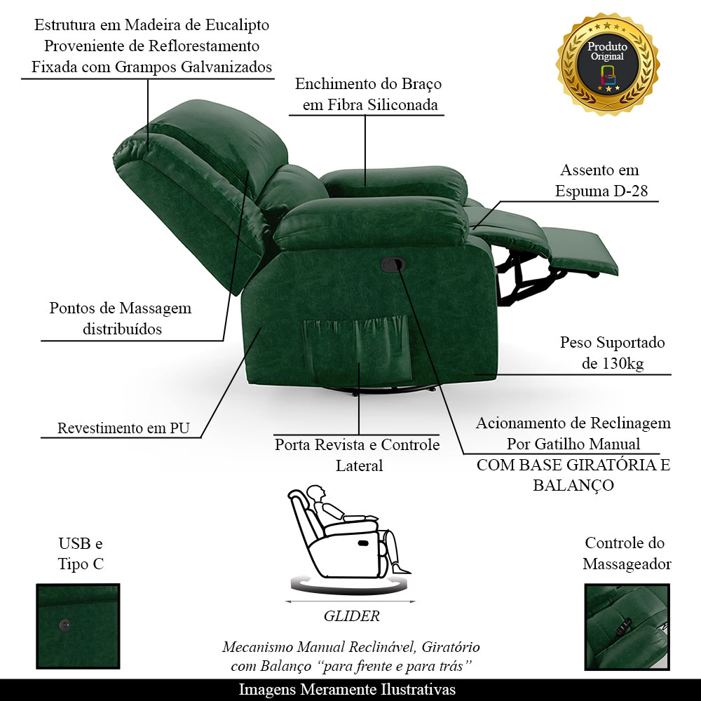 Poltrona do Papai Reclinável Sala de Cinema Madrid Glider Manual Giratória Massagem USB PU Verde Musgo  G26