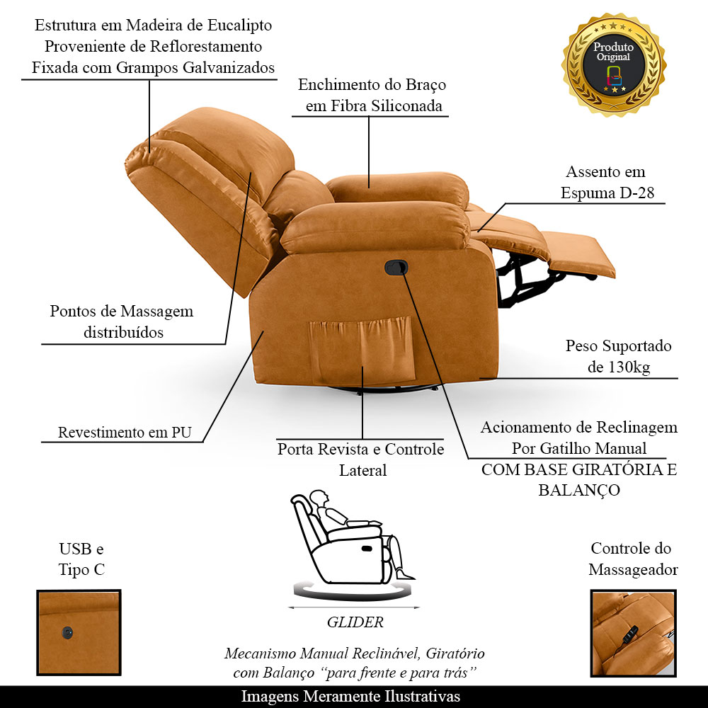 Poltrona do Papai Reclinável Sala de Cinema Madrid Glider Manual Giratória Massagem USB PU Whisky  G26