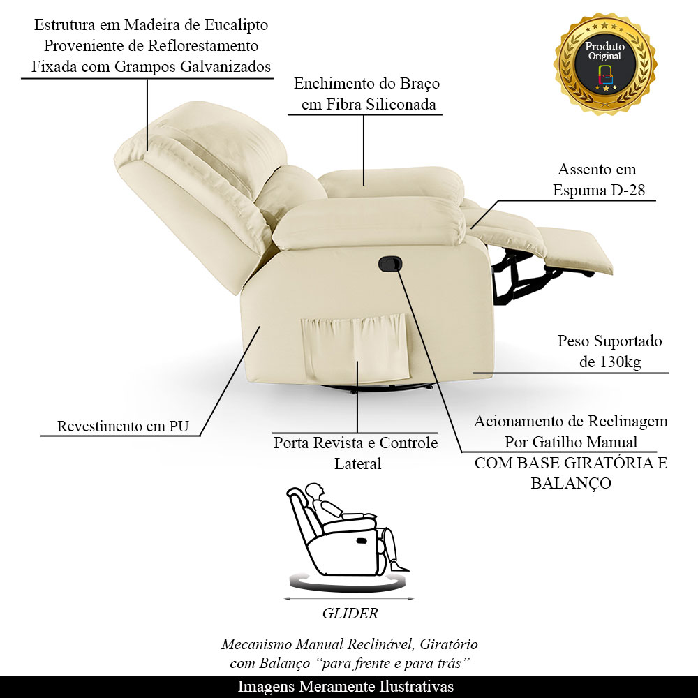 Poltrona do Papai Reclinável Sala de Cinema Madrid Glider Manual Giratória PU Bege  G26