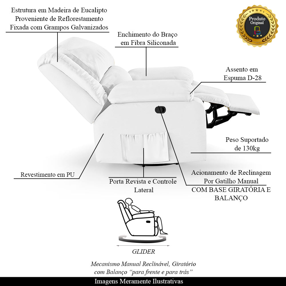 Poltrona do Papai Reclinável Sala de Cinema Madrid Glider Manual Giratória PU Branco  G23