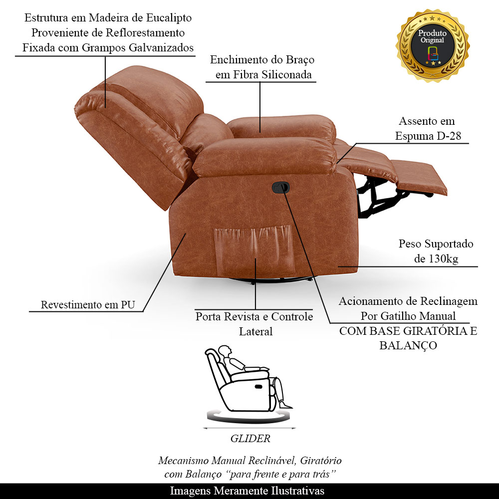 Poltrona do Papai Reclinável Sala de Cinema Madrid Glider Manual Giratória PU Caramelo Brilho  G26