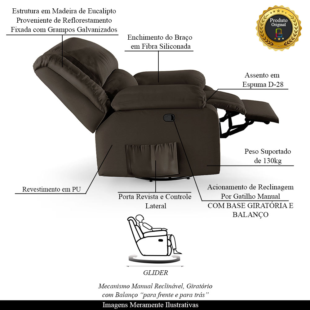 Poltrona do Papai Reclinável Sala de Cinema Madrid Glider Manual Giratória PU Marrom  G23
