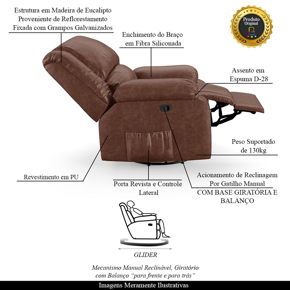 Poltrona do Papai Reclinável Sala de Cinema Madrid Glider Manual Giratória PU Marrom Brilho  G26