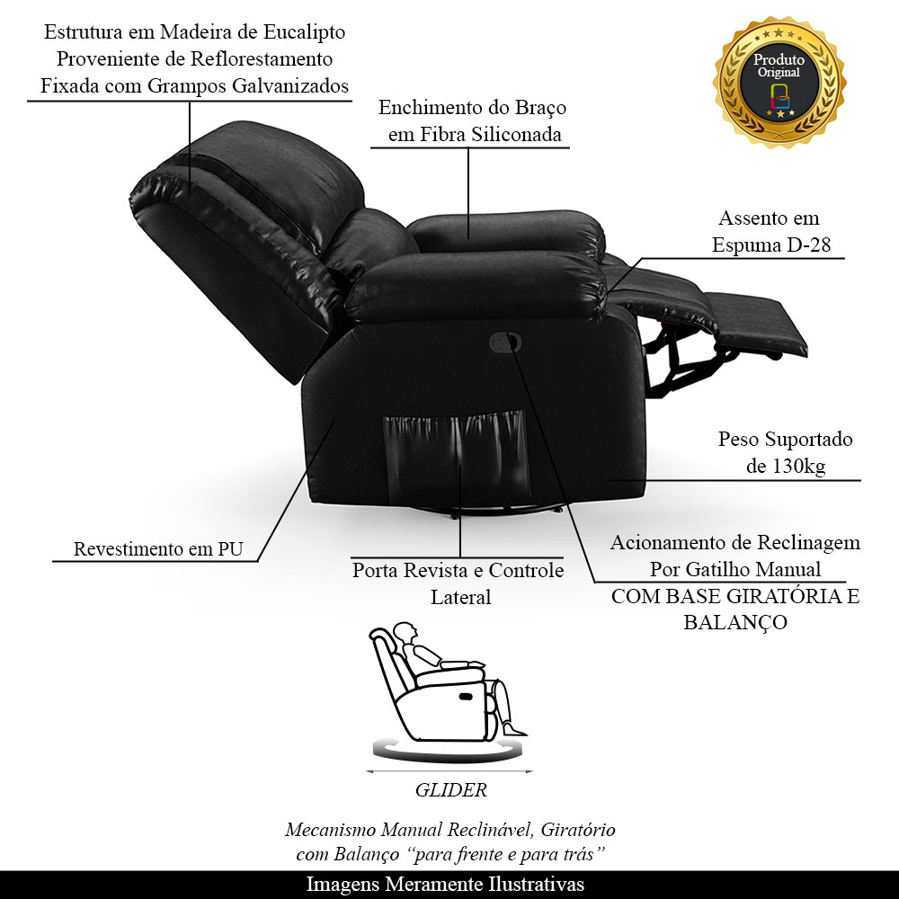 Poltrona do Papai Reclinável Sala de Cinema Madrid Glider Manual Giratória PU Preto Brilho  G26