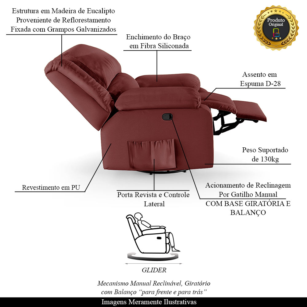 Poltrona do Papai Reclinável Sala de Cinema Madrid Glider Manual Giratória PU Vermelho  G23
