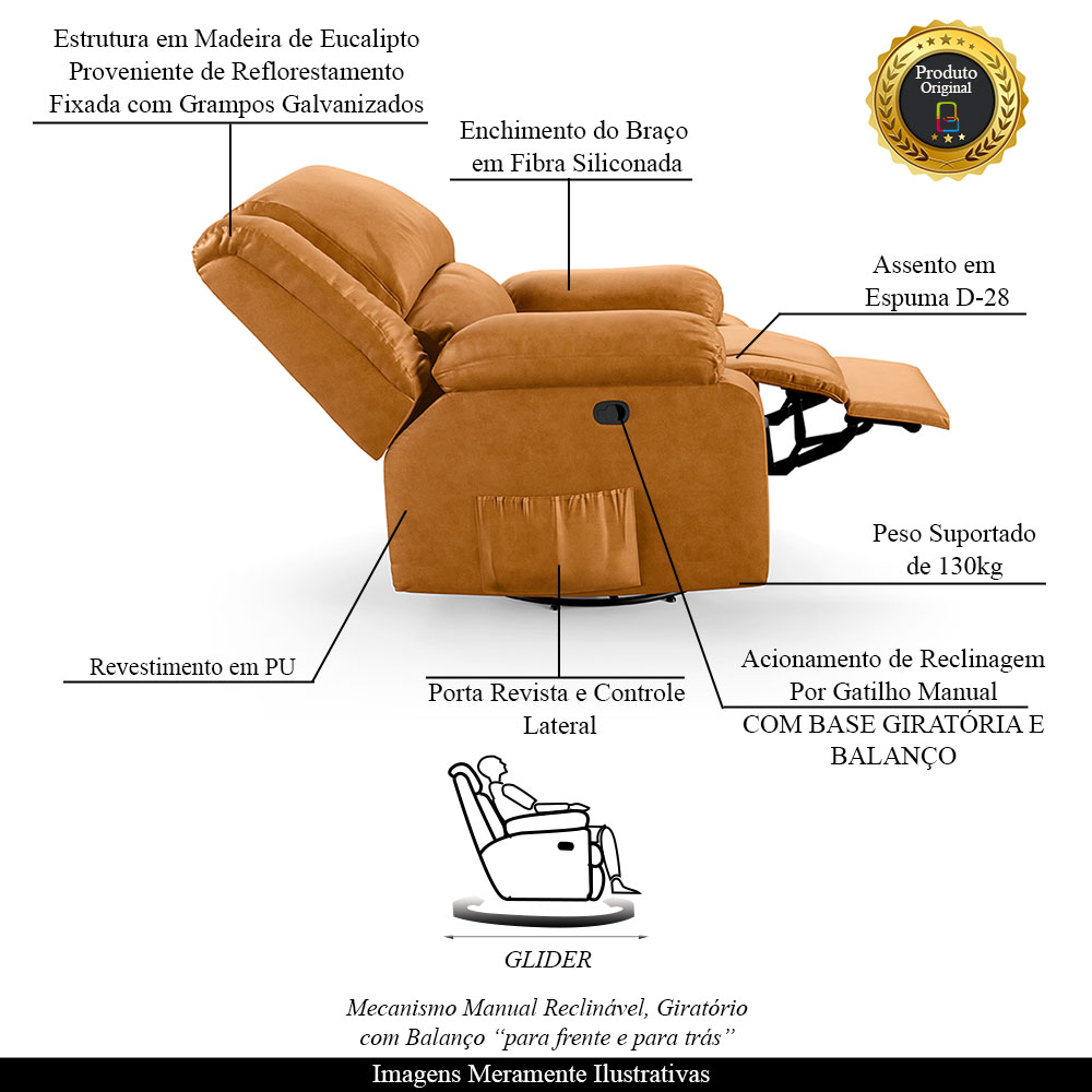 Poltrona do Papai Reclinável Sala de Cinema Madrid Glider Manual Giratória PU Whisky  G26