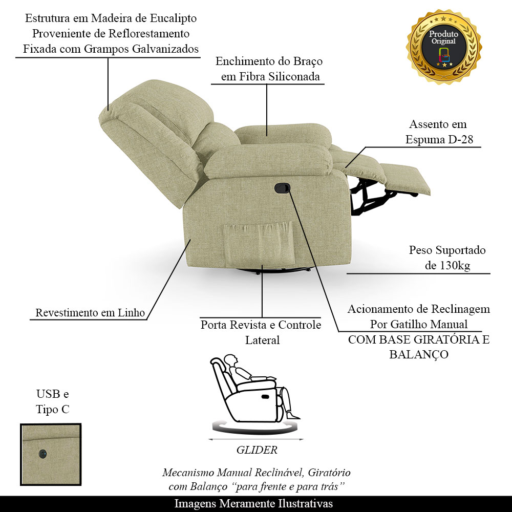 Poltrona do Papai Reclinável Sala de Cinema Madrid Glider Manual Giratória USB Linho Bege  G26