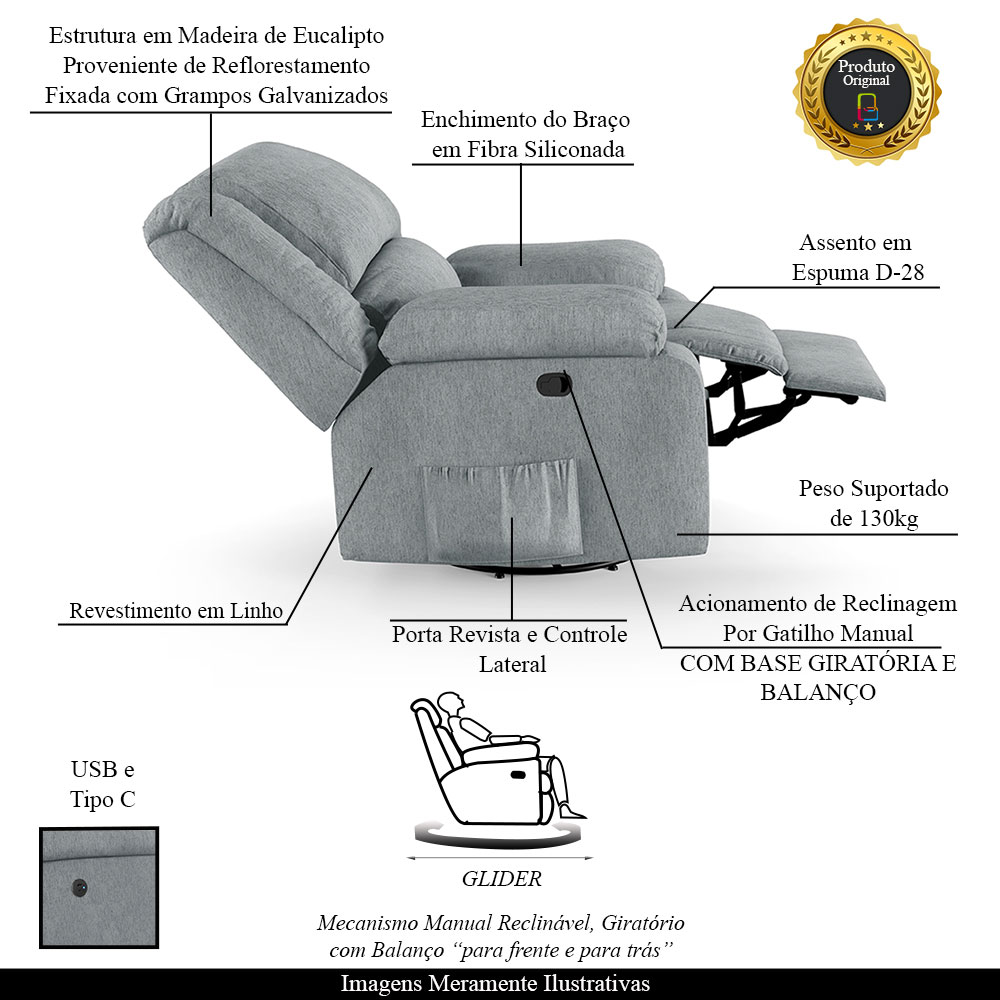 Poltrona do Papai Reclinável Sala de Cinema Madrid Glider Manual Giratória USB Linho Cinza  G26