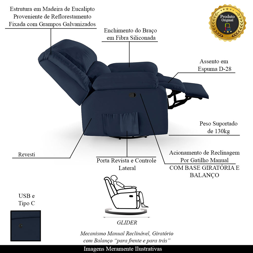 Poltrona do Papai Reclinável Sala de Cinema Madrid Glider Manual Giratória USB PU Azul  G23