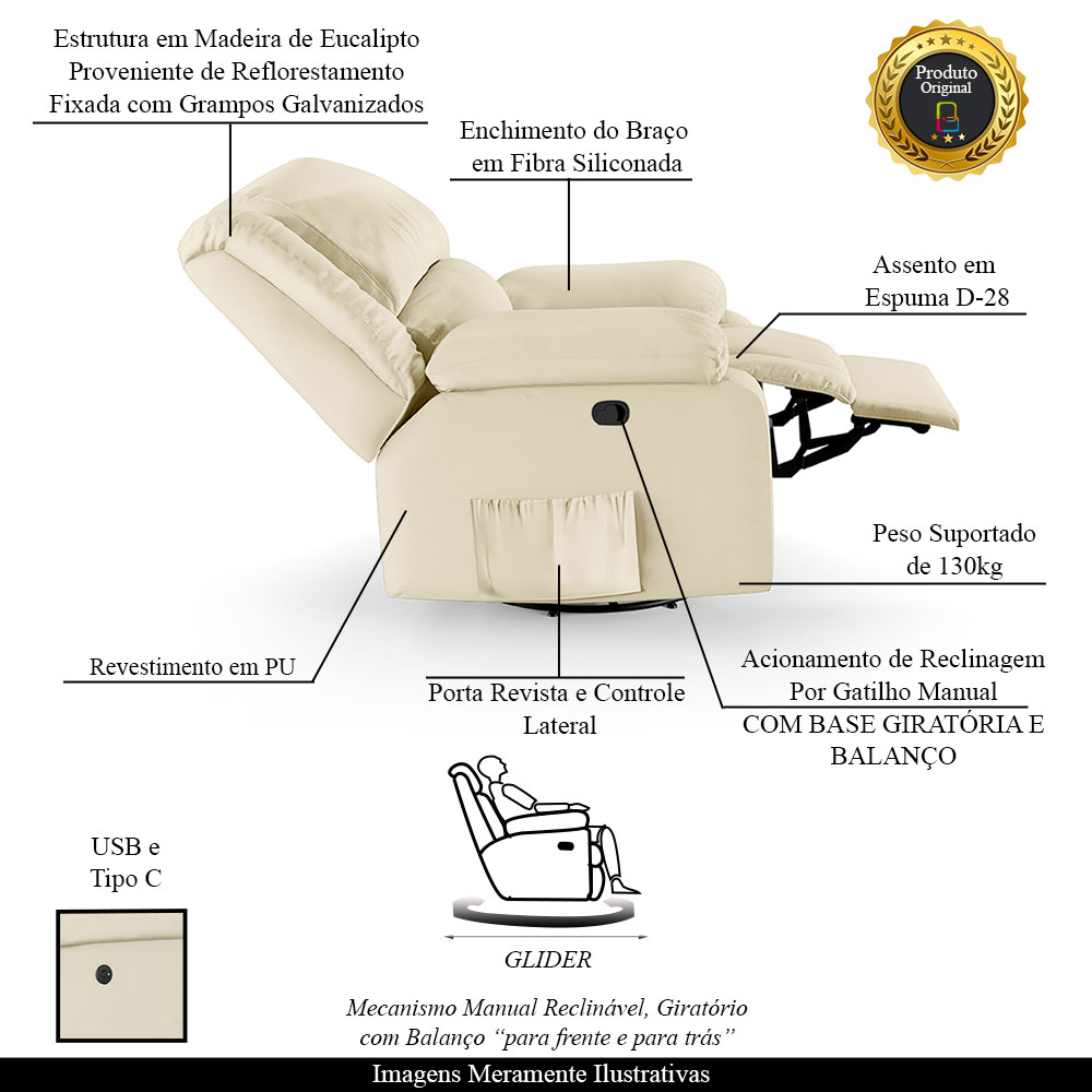 Poltrona do Papai Reclinável Sala de Cinema Madrid Glider Manual Giratória USB PU Bege  G26