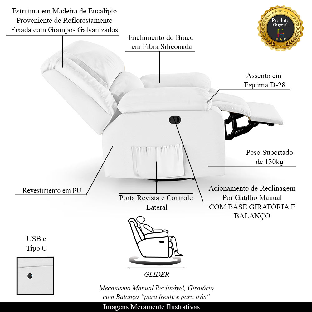 Poltrona do Papai Reclinável Sala de Cinema Madrid Glider Manual Giratória USB PU Branco  G23