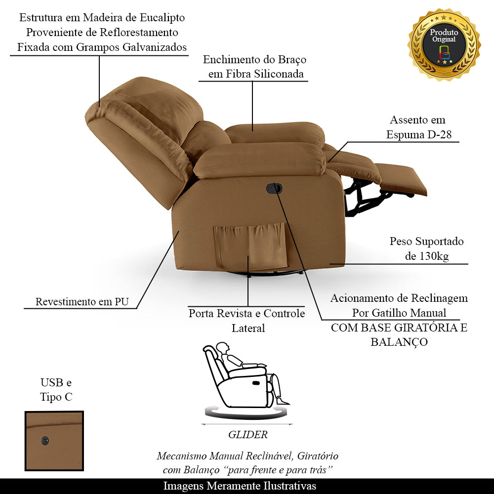 Poltrona do Papai Reclinável Sala de Cinema Madrid Glider Manual Giratória USB PU Caramelo  G23