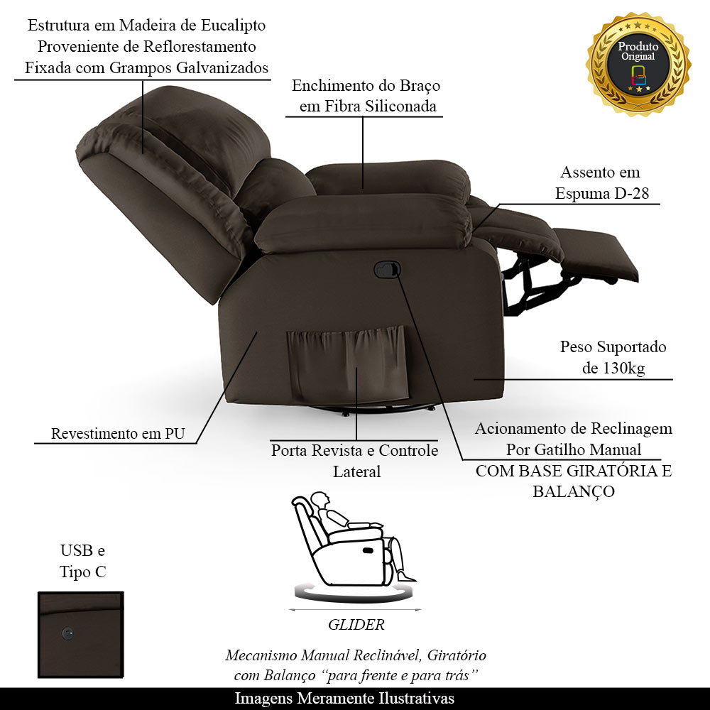 Poltrona do Papai Reclinável Sala de Cinema Madrid Glider Manual Giratória USB PU Marrom  G23