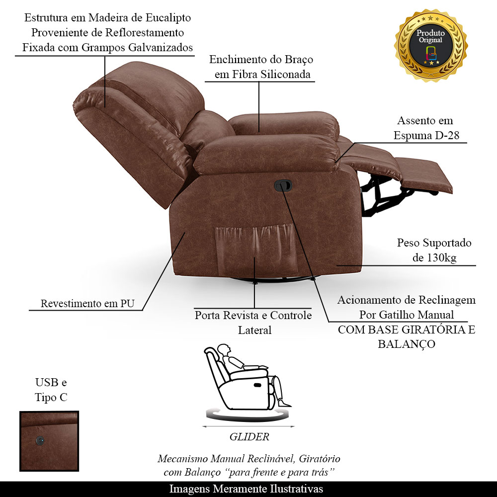 Poltrona do Papai Reclinável Sala de Cinema Madrid Glider Manual Giratória USB PU Marrom Brilho  G26