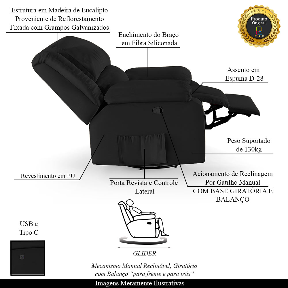 Poltrona do Papai Reclinável Sala de Cinema Madrid Glider Manual Giratória USB PU Preto  G23