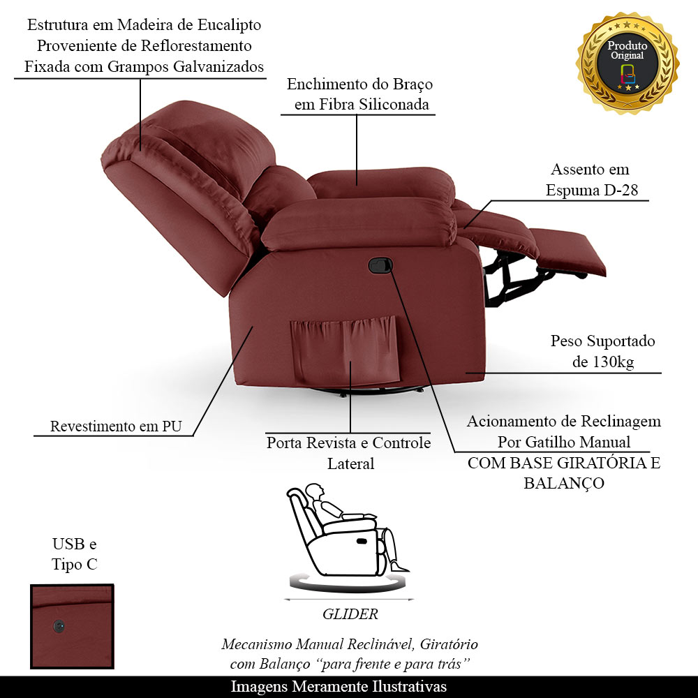 Poltrona do Papai Reclinável Sala de Cinema Madrid Glider Manual Giratória USB PU Vermelho  G23