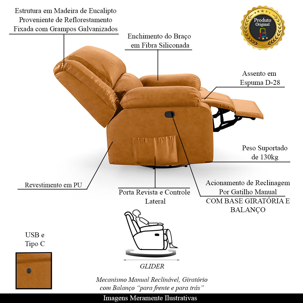 Poltrona do Papai Reclinável Sala de Cinema Madrid Glider Manual Giratória USB PU Whisky  G26
