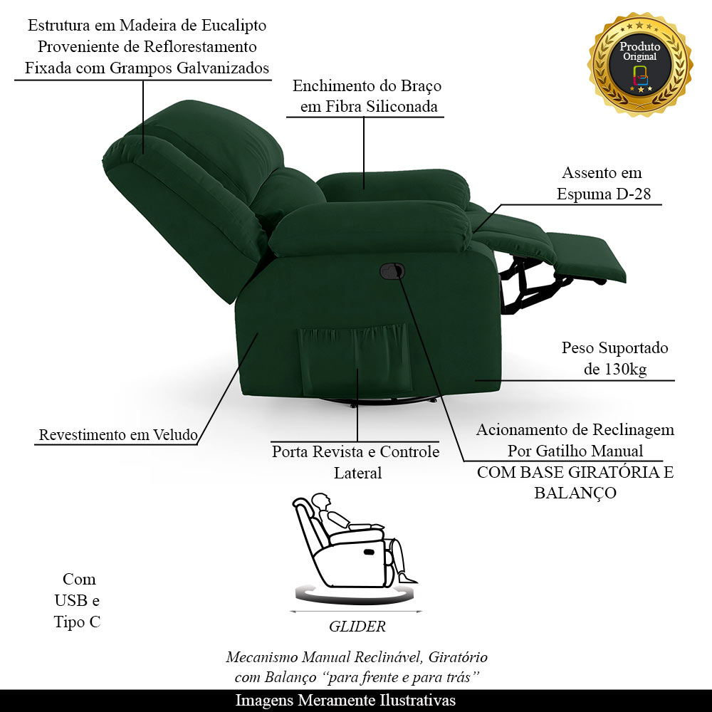 Poltrona do Papai Reclinável Sala de Cinema Madrid Glider Manual Giratória USB Veludo Verde Esmeralda  G23