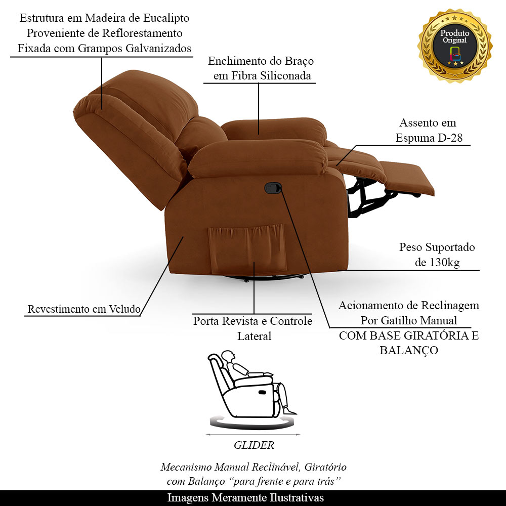 Poltrona do Papai Reclinável Sala de Cinema Madrid Glider Manual Giratória Veludo Terracota  G23