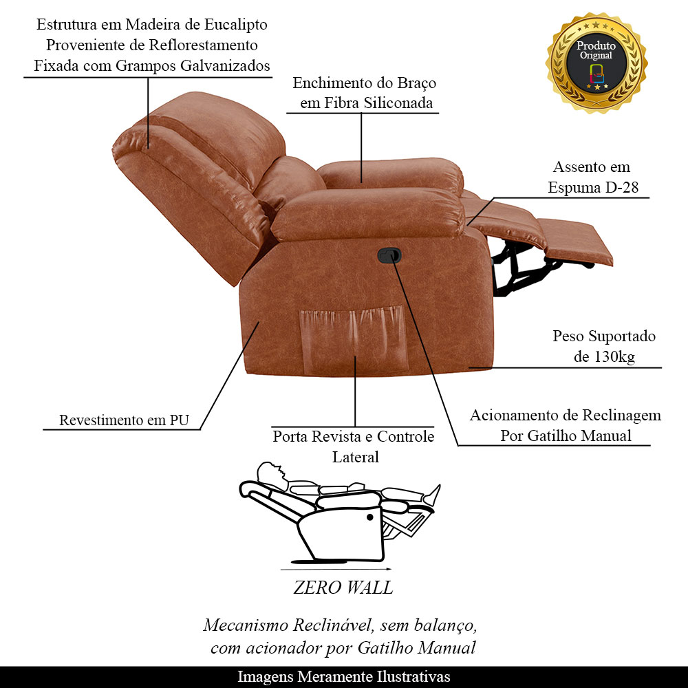 Poltrona do Papai Reclinável Sala de Cinema Madrid Manual PU Caramelo Brilho  G26