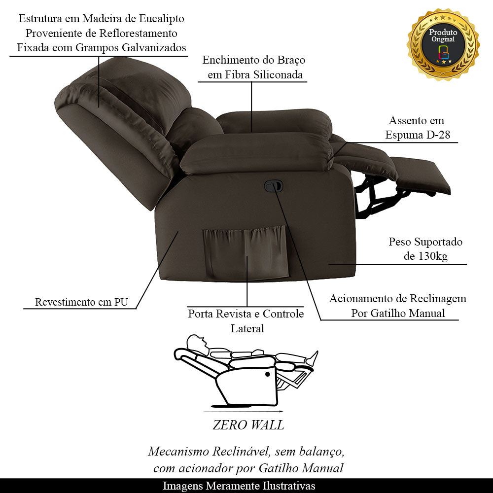 Poltrona do Papai Reclinável Sala de Cinema Madrid Manual PU Marrom  G23