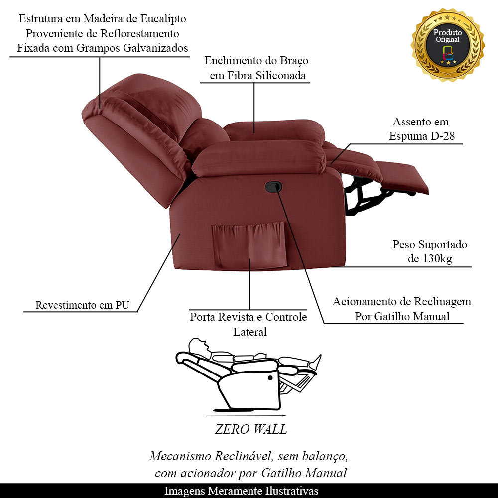 Poltrona do Papai Reclinável Sala de Cinema Madrid Manual PU Vermelho  G23