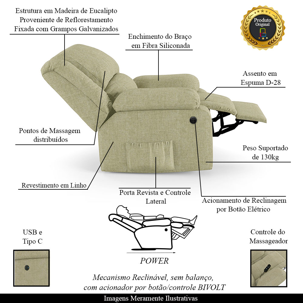 Poltrona do Papai Reclinável Sala de Cinema Madrid Power Elétrica Massagem USB Linho Bege  G26