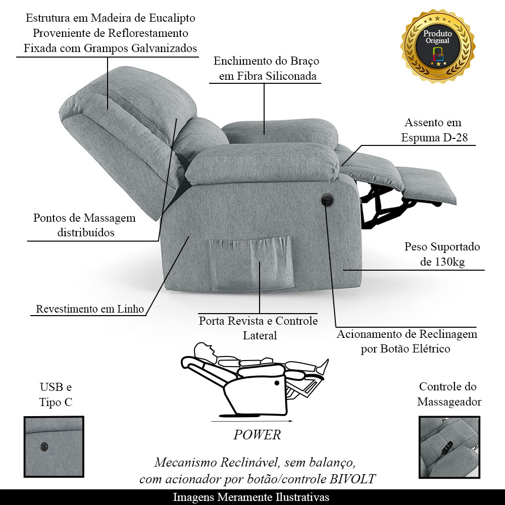 Poltrona do Papai Reclinável Sala de Cinema Madrid Power Elétrica Massagem USB Linho Cinza  G26