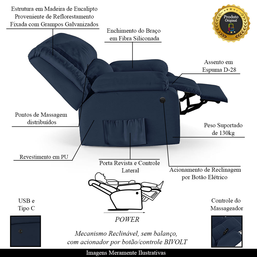 Poltrona do Papai Reclinável Sala de Cinema Madrid Power Elétrica Massagem USB PU Azul  G23