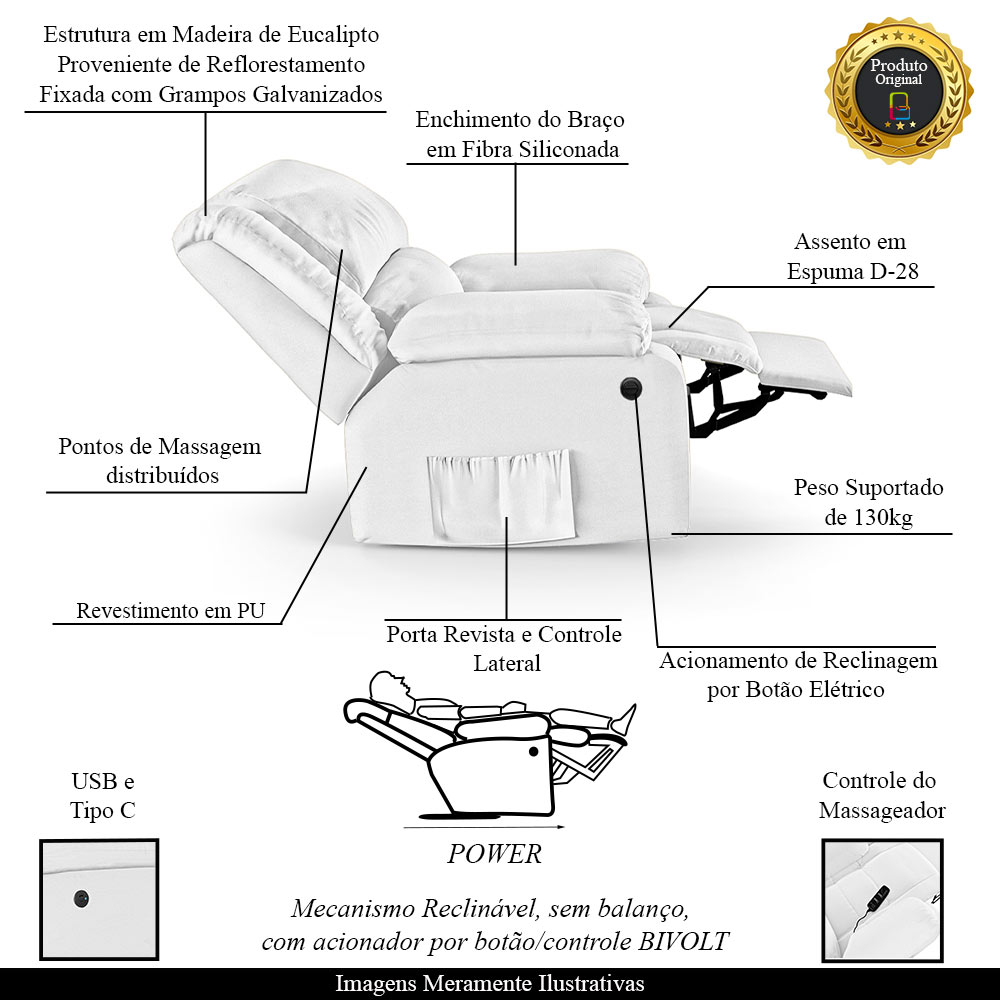 Poltrona do Papai Reclinável Sala de Cinema Madrid Power Elétrica Massagem USB PU Branco  G23