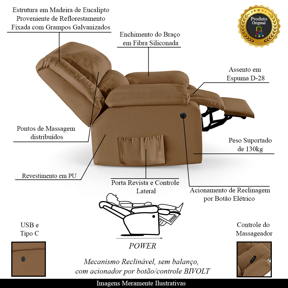 Poltrona do Papai Reclinável Sala de Cinema Madrid Power Elétrica Massagem USB PU Caramelo  G23
