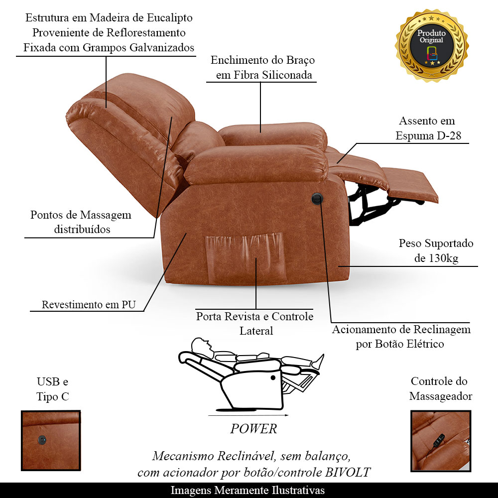 Poltrona do Papai Reclinável Sala de Cinema Madrid Power Elétrica Massagem USB PU Caramelo Brilho  G26