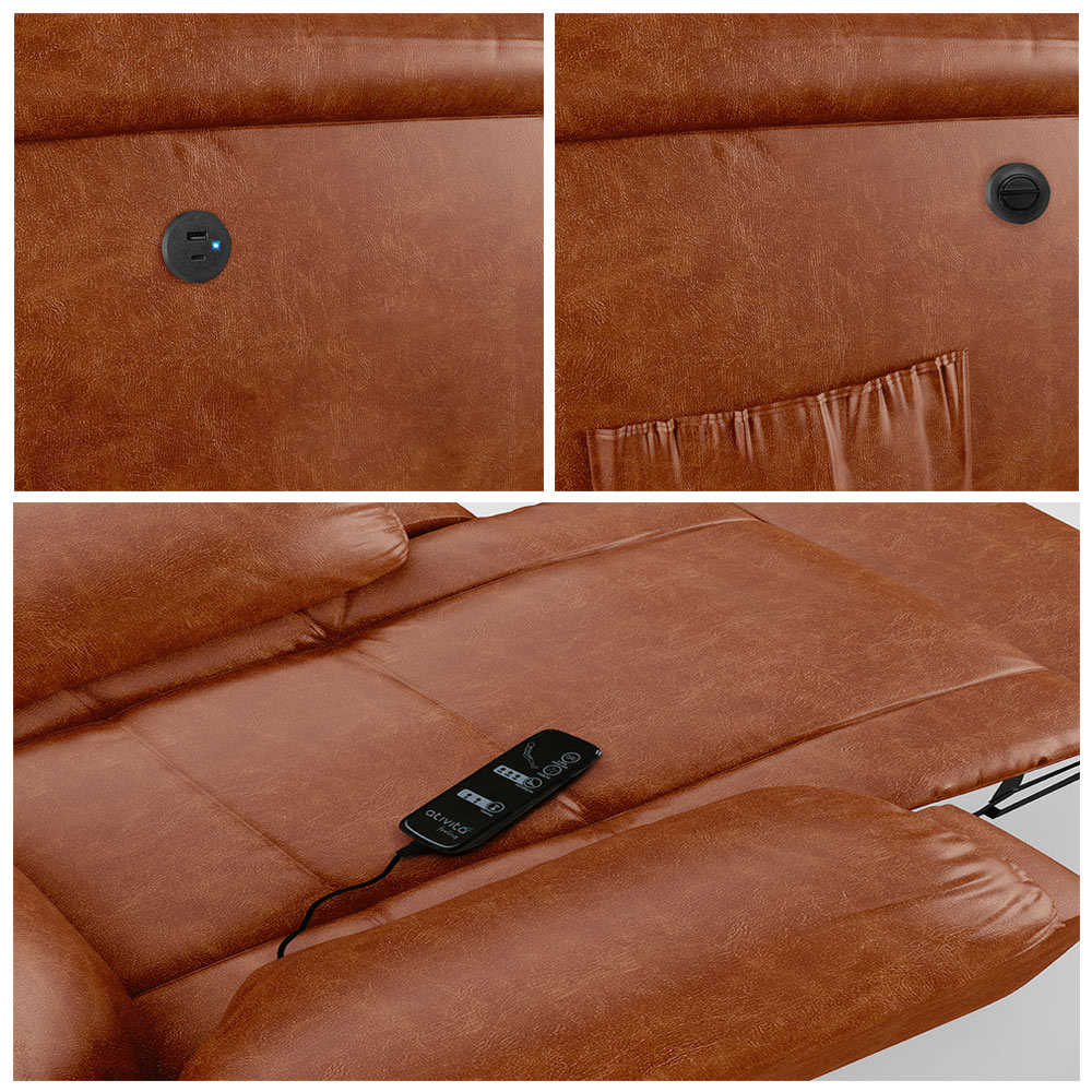 Poltrona do Papai Reclinável Sala de Cinema Madrid Power Elétrica Massagem USB PU Caramelo Brilho  G26