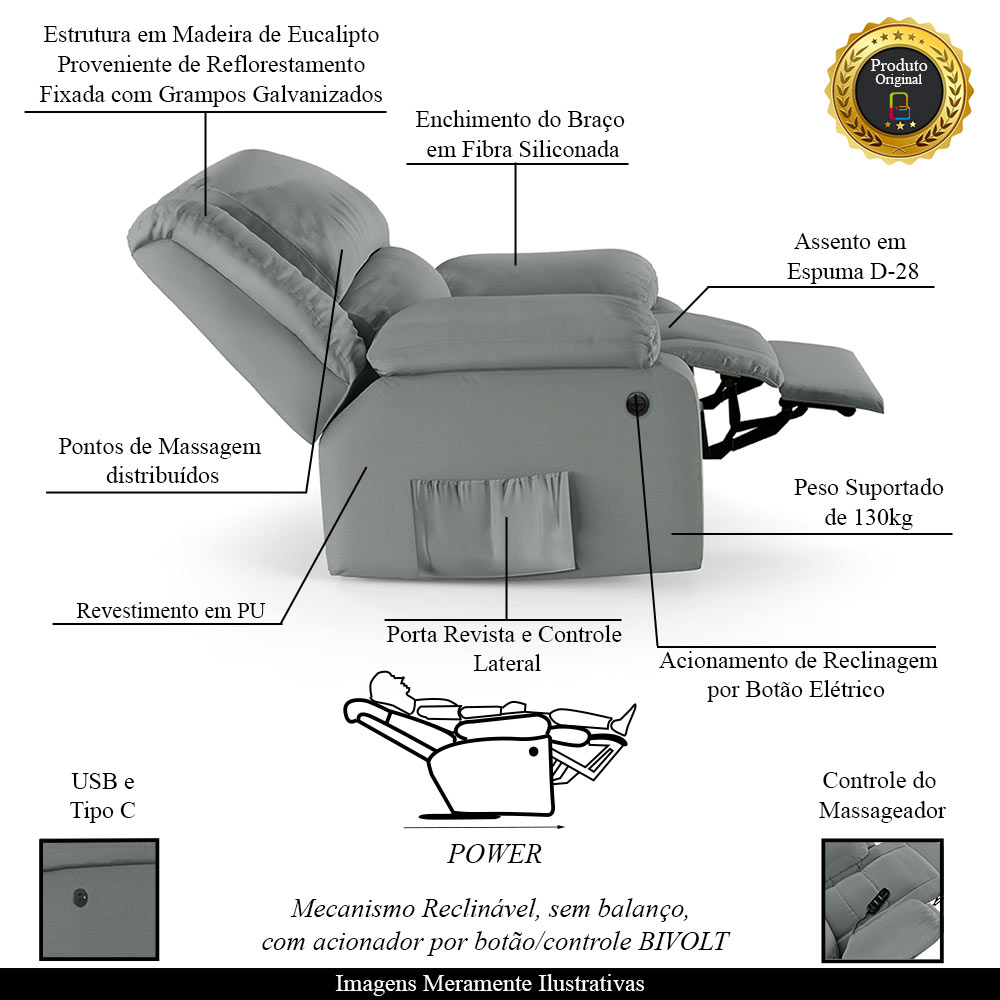 Poltrona do Papai Reclinável Sala de Cinema Madrid Power Elétrica Massagem USB PU Cinza  G23