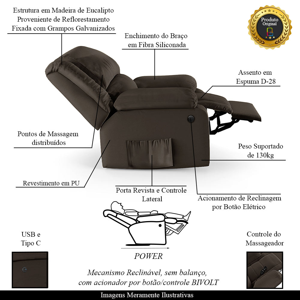 Poltrona do Papai Reclinável Sala de Cinema Madrid Power Elétrica Massagem USB PU Marrom  G23