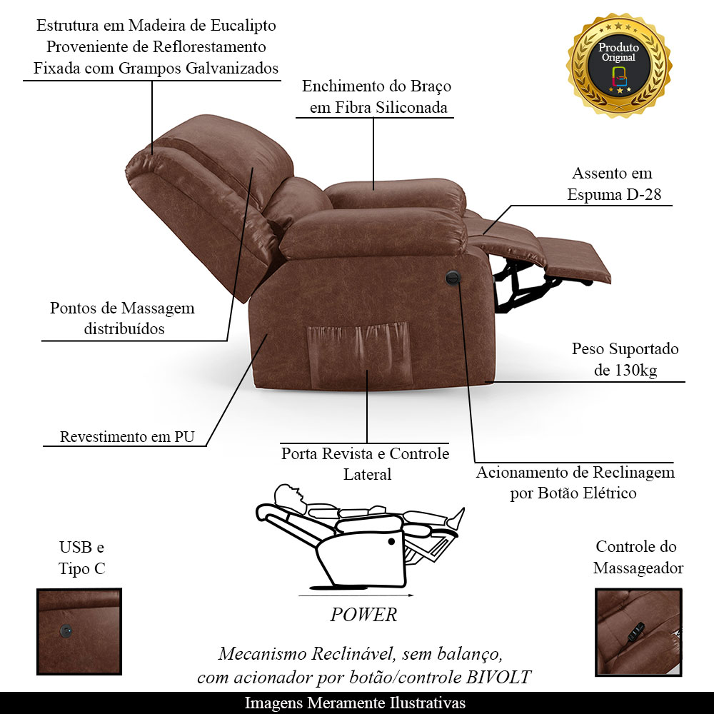 Poltrona do Papai Reclinável Sala de Cinema Madrid Power Elétrica Massagem USB PU Marrom Brilho  G26