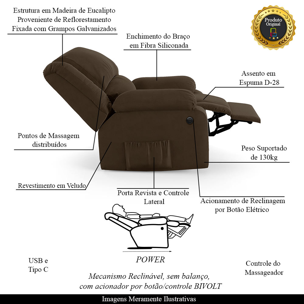 Poltrona do Papai Reclinável Sala de Cinema Madrid Power Elétrica Massagem USB Veludo Marrom  G23