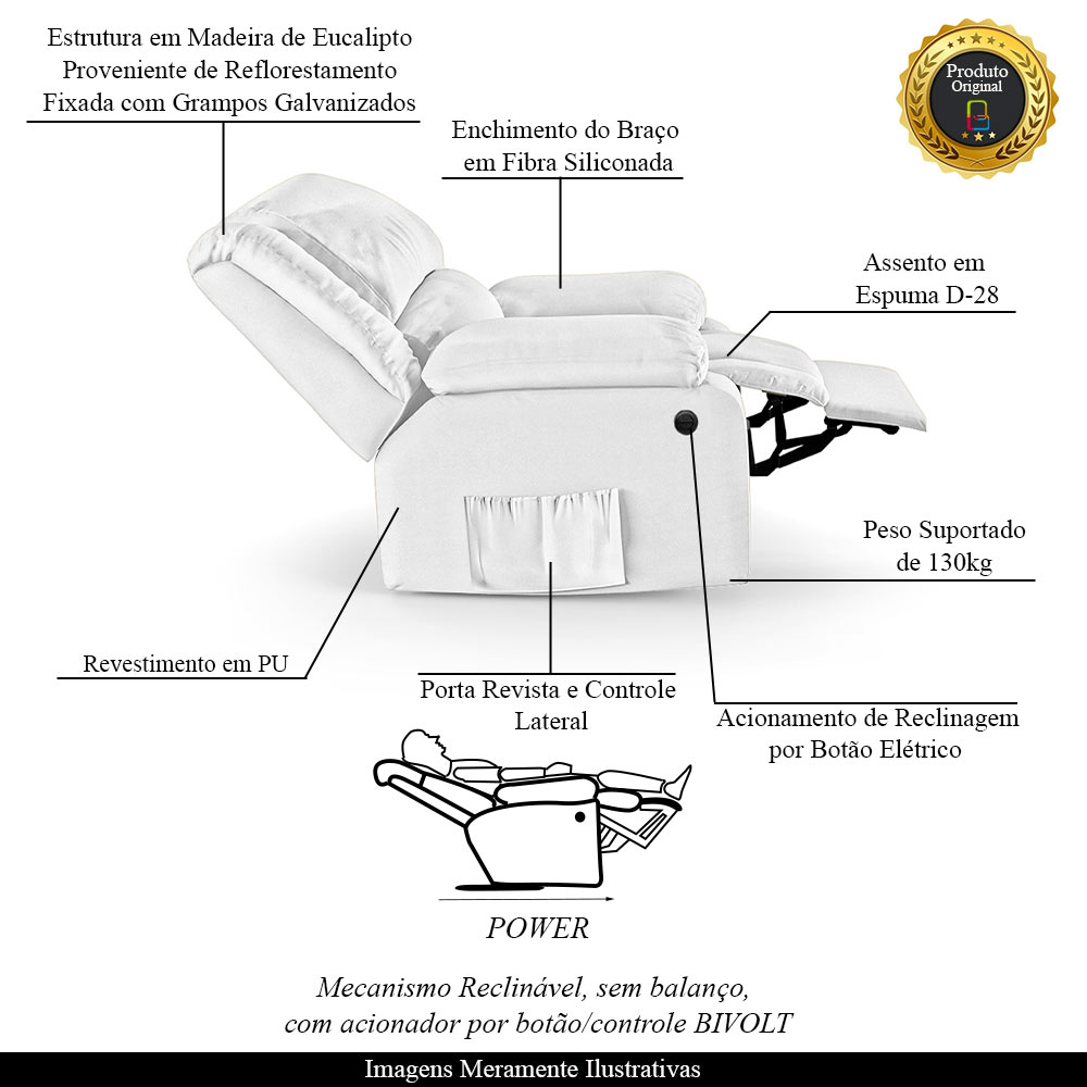 Poltrona do Papai Reclinável Sala de Cinema Madrid Power Elétrica PU Branco  G23