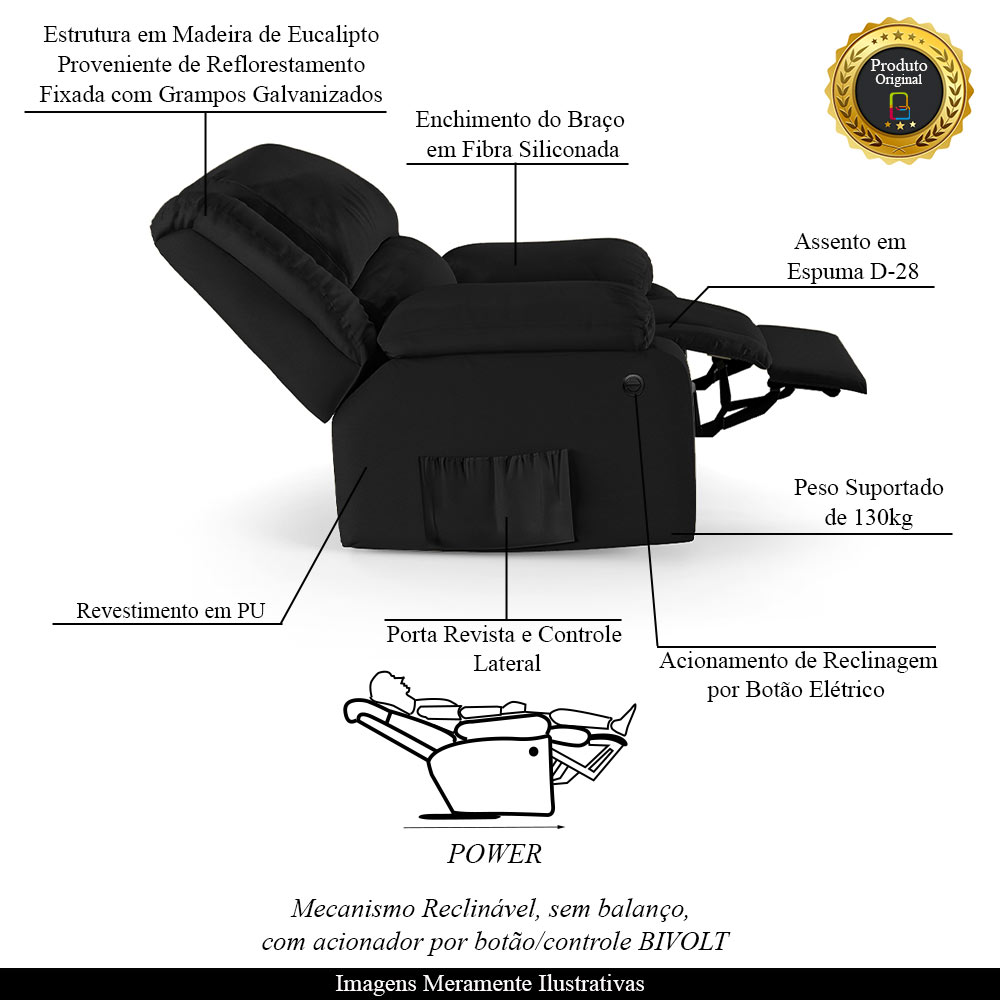Poltrona do Papai Reclinável Sala de Cinema Madrid Power Elétrica PU Preto  G23
