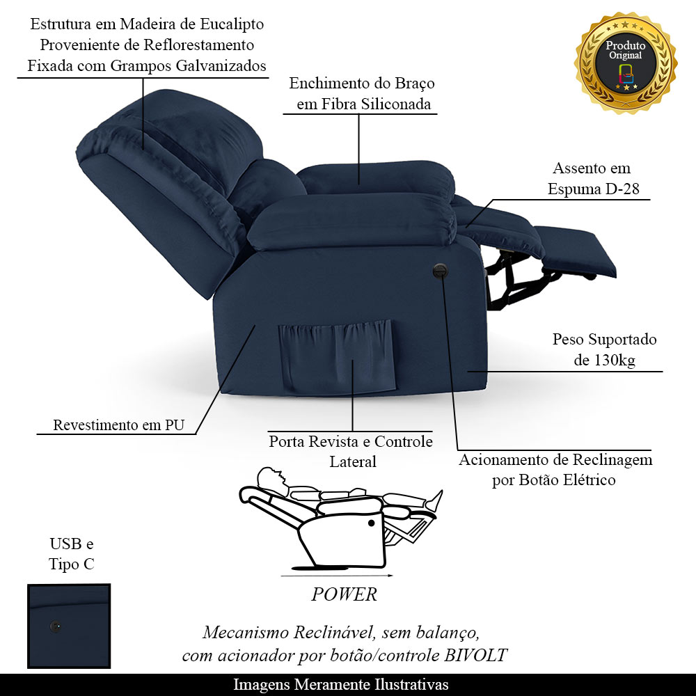 Poltrona do Papai Reclinável Sala de Cinema Madrid Power Elétrica USB PU Azul  G23