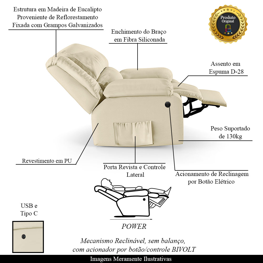 Poltrona do Papai Reclinável Sala de Cinema Madrid Power Elétrica USB PU Bege  G26