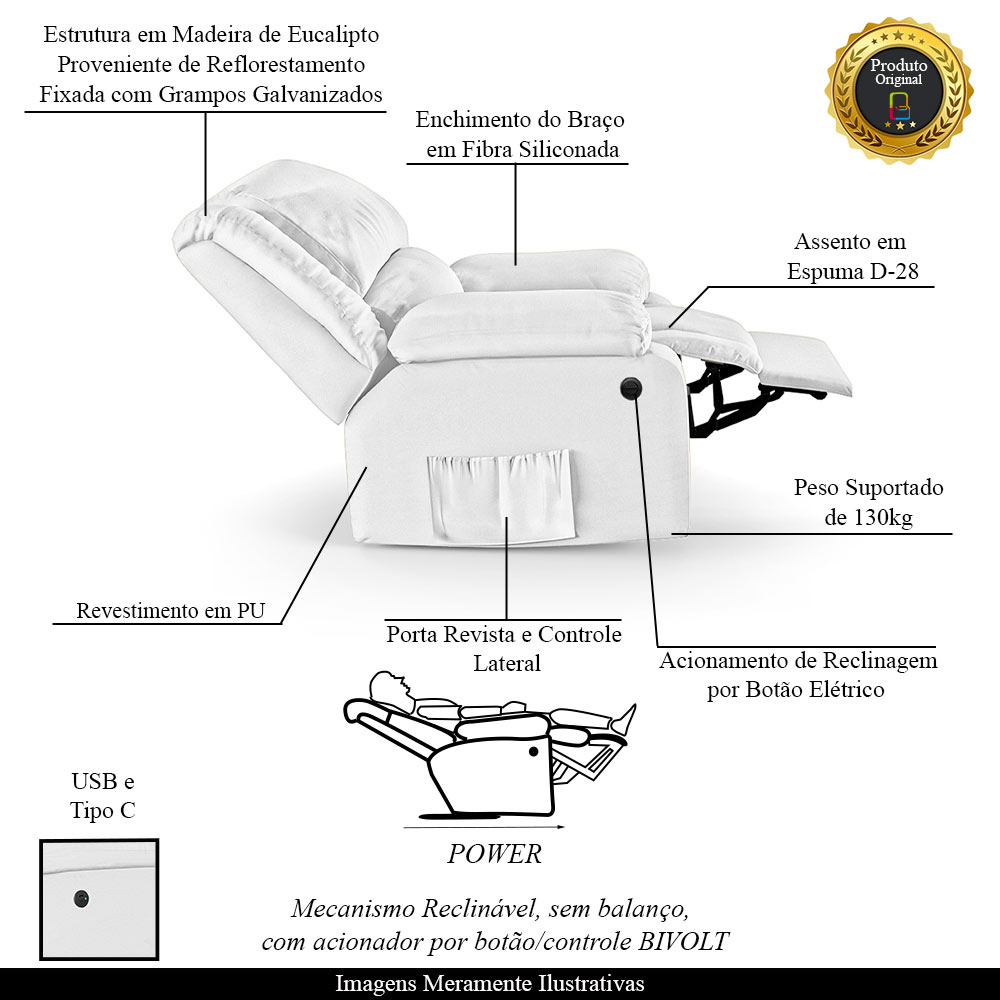 Poltrona do Papai Reclinável Sala de Cinema Madrid Power Elétrica USB PU Branco  G23