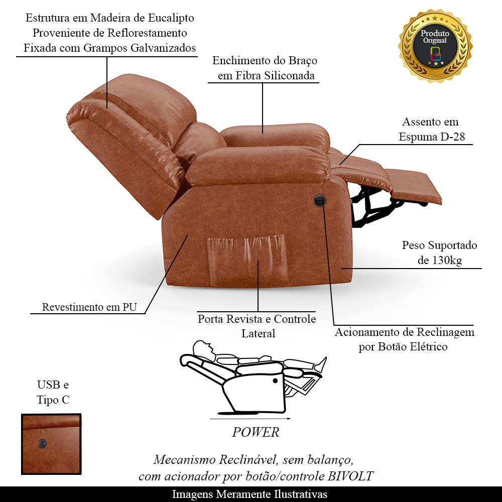 Poltrona do Papai Reclinável Sala de Cinema Madrid Power Elétrica USB PU Caramelo Brilho  G26