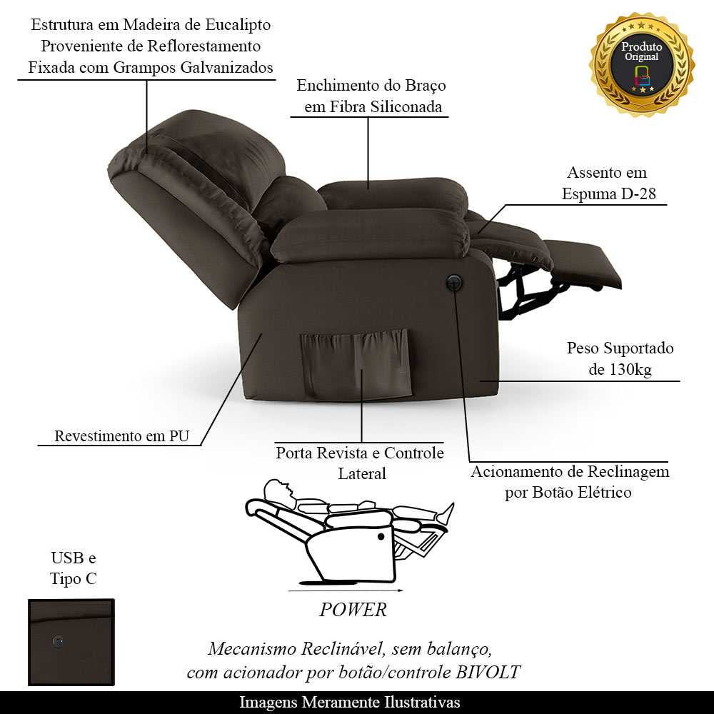Poltrona do Papai Reclinável Sala de Cinema Madrid Power Elétrica USB PU Marrom  G23